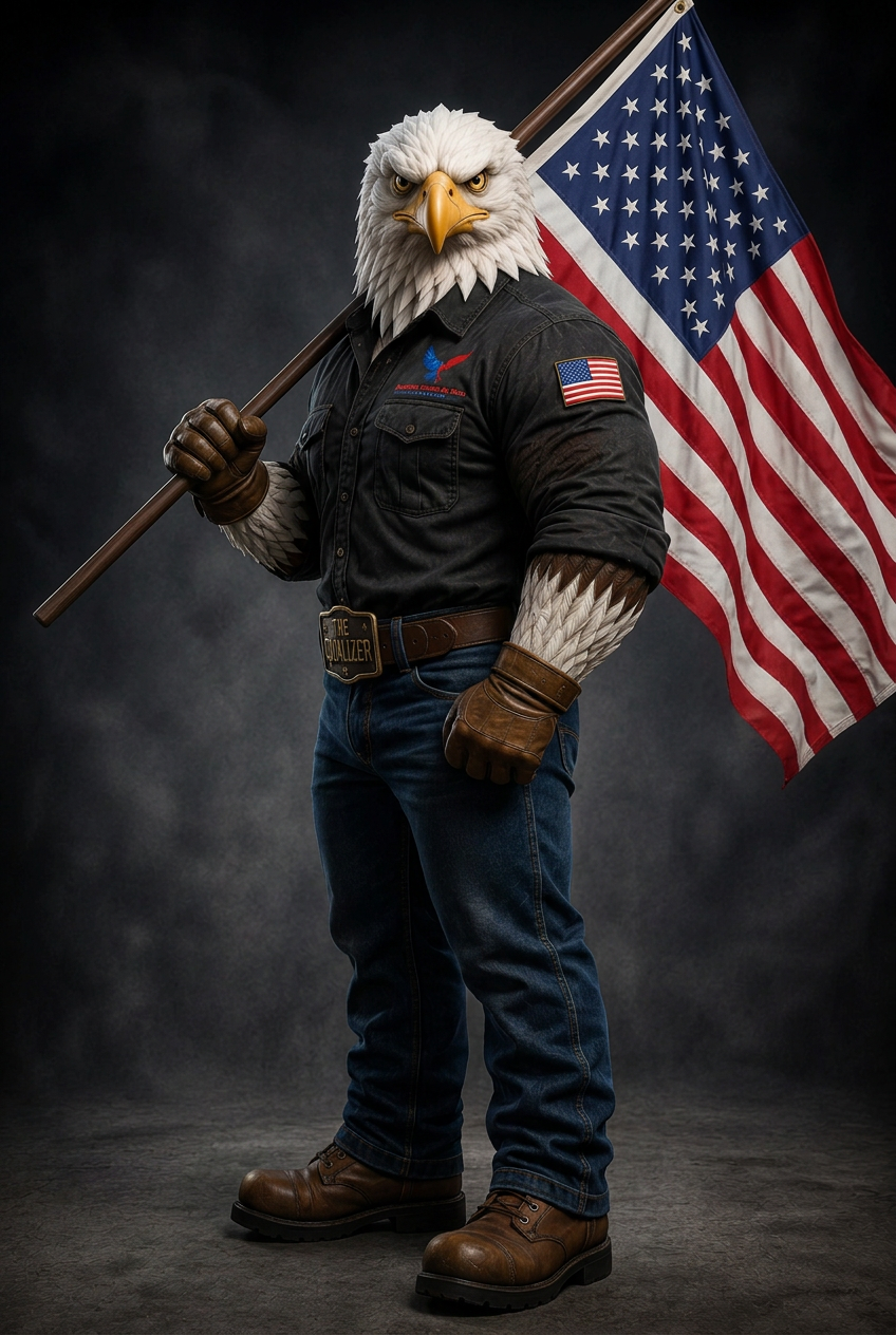 Sam the bald eagle standing sideways, looking at the camera, holding an American flag on a pole over his shoulder